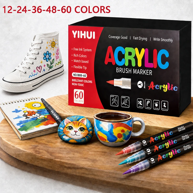 Set di pennarelli acrilici da 12-60 colori, pennarelli a punta morbida da 1-5 mm per pittura su roccia, legno, pietra, vetro, regalo, fai da te, artigianato