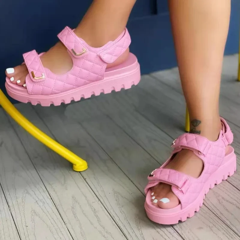 Women Plaid Buckle Strap Sport Sandals Casual Open Toe Beach Anti-Slip Platform Flat
