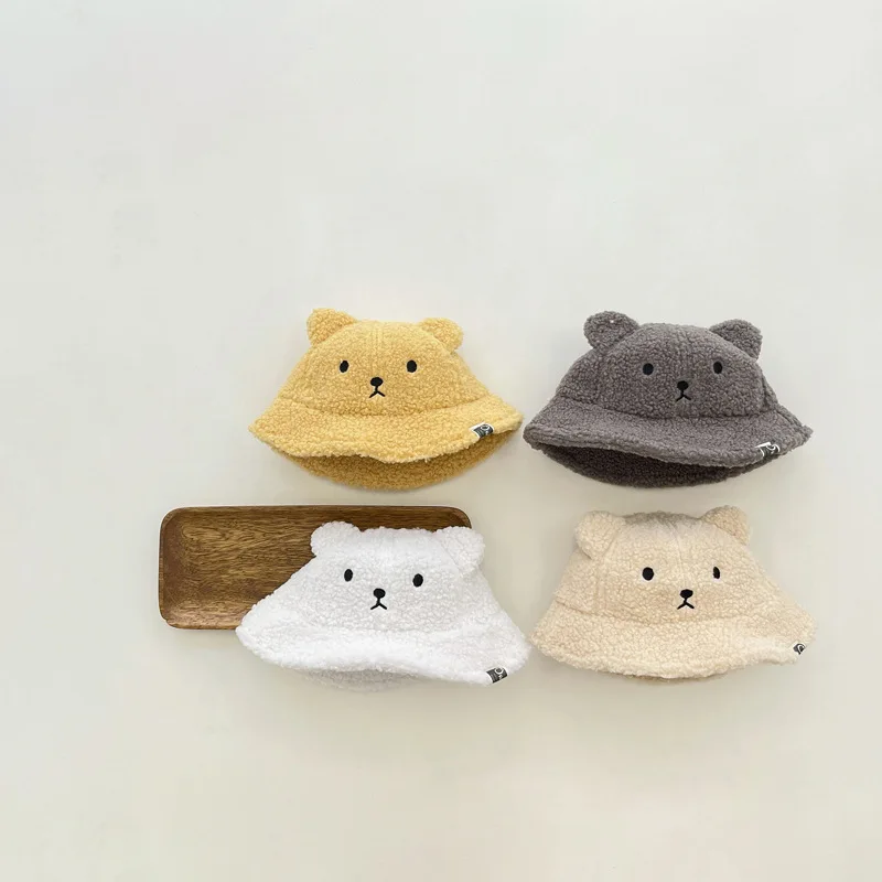 

Осенние разноцветные Панамы с мультяшным медведем для детей мальчиков и девочек, искусственная овечья шерсть, мягкая теплая рыболовная шляпа, детские шапки