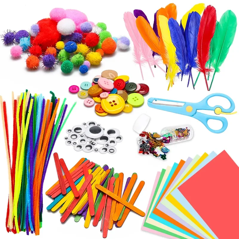 1000Pcs DIY Art Craft Kit for Kids Creative Pompoms Pipe Cleaners Feather  Foam Flowers Letters Crystal Sticker Felt Wiggle Googly Eyes Sequins Button  Colorful Wooden Sticks Paper Art Supplies 