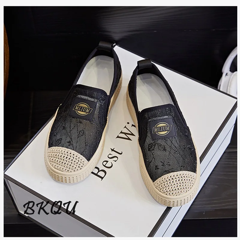BKQU Thick Sole Fisherman Women 2024 Summer New Breathable Lace Small Fragrance Single A Comfortable Slip-on Shoes