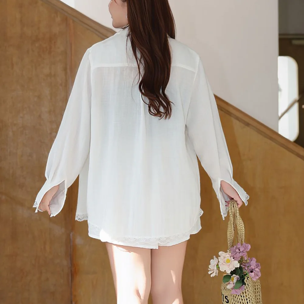 Women's Plus Size Lace Linen-like Loose Sun Protection Shirt & Casual Wide-Leg Shorts Set Premium Summer Breathable Outfit