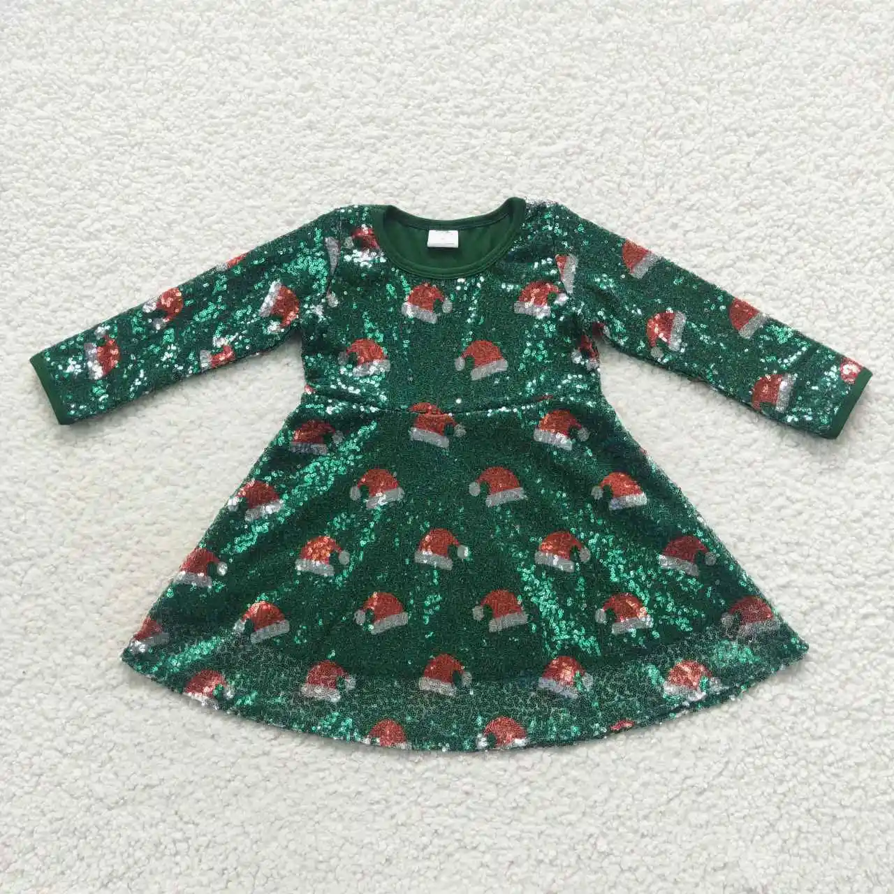 

Wholesale Hot Sale Kids Christmas Santa Hat green sequin long-sleeved dress Toddler For Baby Girls Clothes Western Boutique Set
