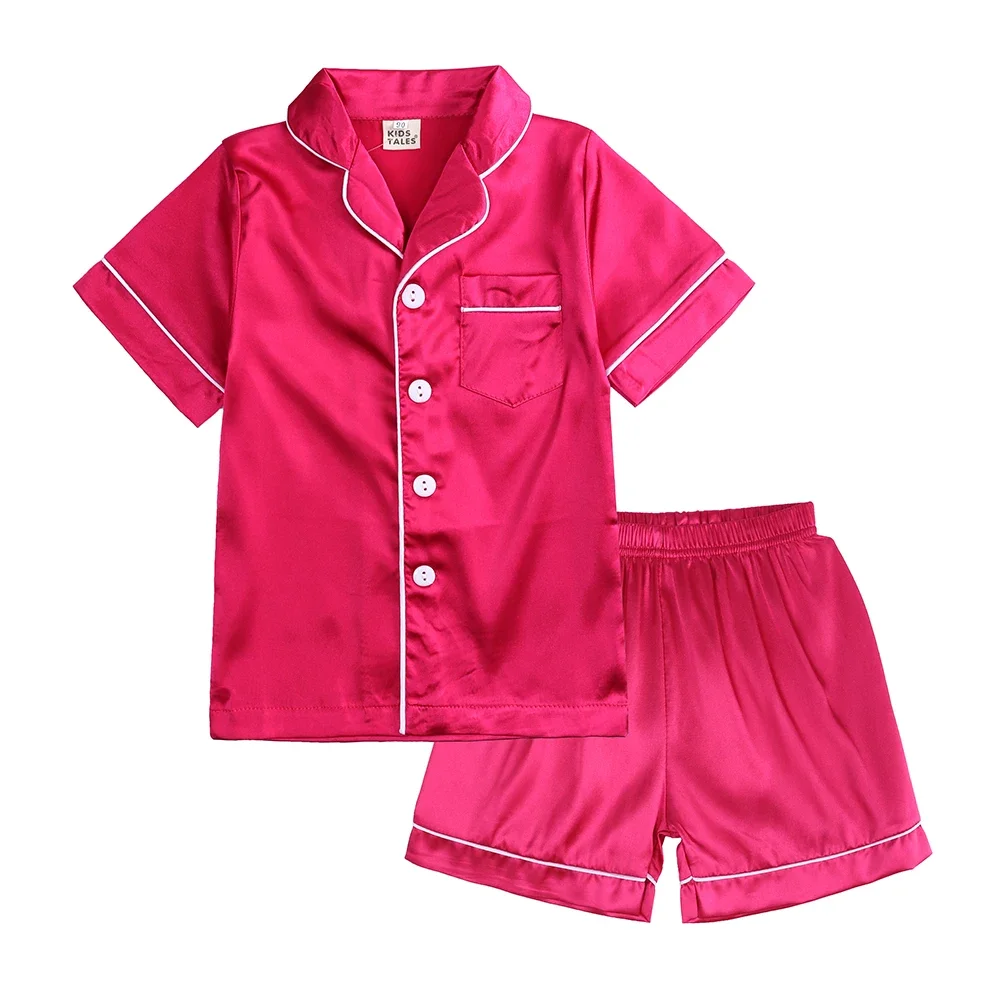 Little Kids Boys Girls Soft Silk Satin Pajamas Set Toddler Solid Classic Loungewear 2Pieces Button-Down Top Pants Sleepwear Suit kids pajamas set