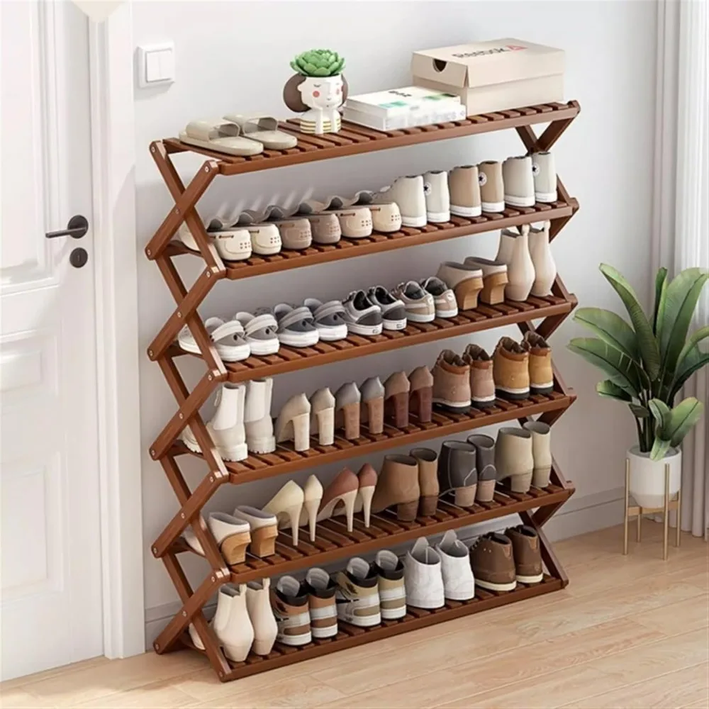 Shoe Rack Foldable Rack, Narrow Bamboo Organizer with X-Shape Cross Structure, Free Standing Storage Shelf for