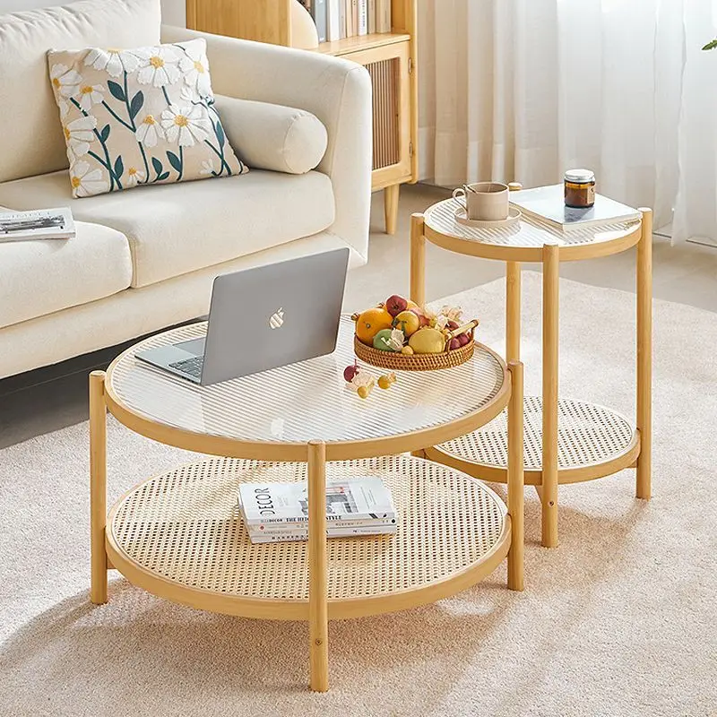 NordicsimpleroundwoodcoffeetablesmallsizedrattanJapaneseside