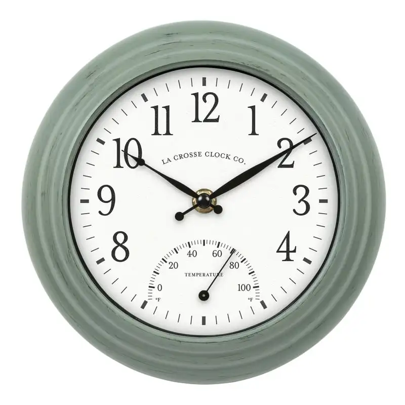 

Crosse 8" Sage Green Indoor/Outdoor Classic Quartz Analog Clock with Temp, 433-3020