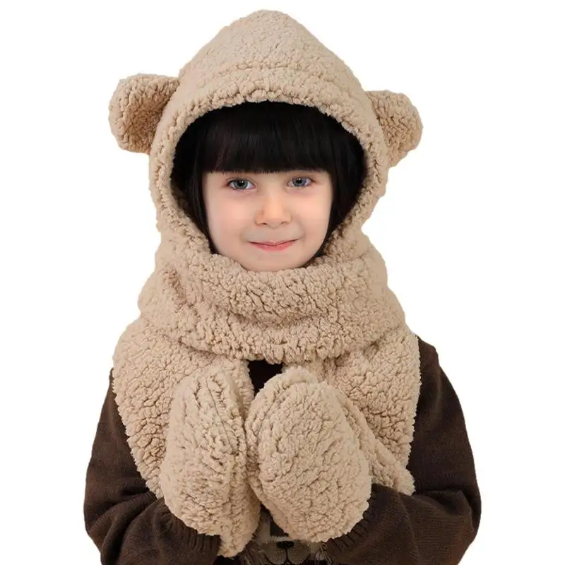 

Winter Cute Bear Scarf Hat Female Korean Version Warm Head Cap Three-Piece Set All-in-one Ear Protection Cap Winter Beanie Hat