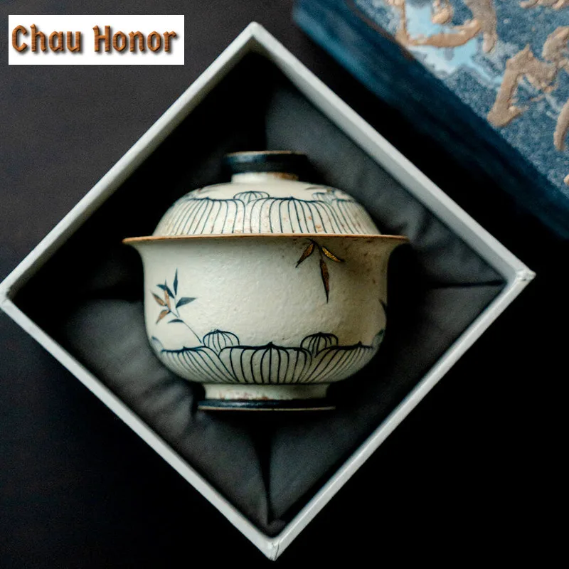 100ml Blue And White Flint Red Gaiwan Handmade Gold Drawing Bamboo Shadow Tea Tureen Tea Maker Cover Bowl Kung Fu Tea Ceremony