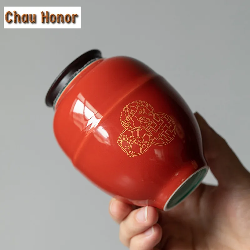 245ml Boutique Palace Red Glaze Art CeramicTea Caddy Household Tea Leaf Hermetic Pots Embroidered Art Hermetic Pots Accessories