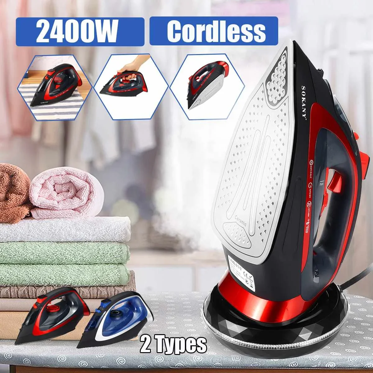 2400W Electric Steam Iron 220V Cordless Charging Steam Iron 5 Speed Adjustable Clothes Ironing Steamer ABS+Ceramic Soleplate 6