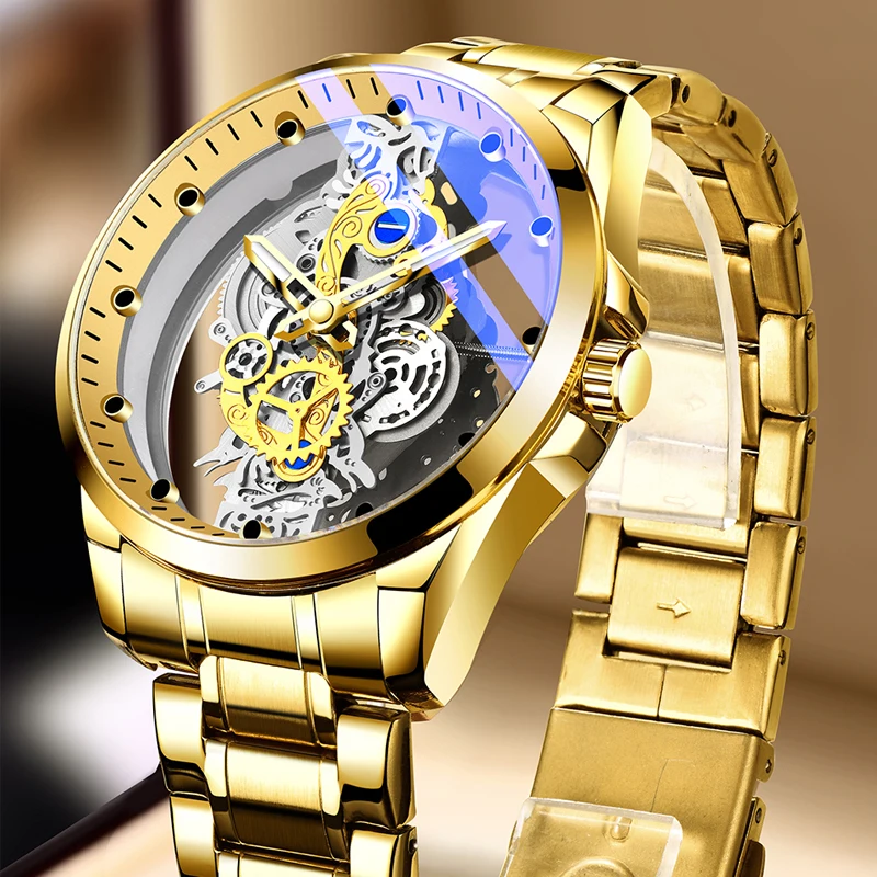 メンズ腕時計,スケルトン,ゴールド,高級ブランド,ヴィンテージ,ステンレス鋼,防水クォーツ,2023