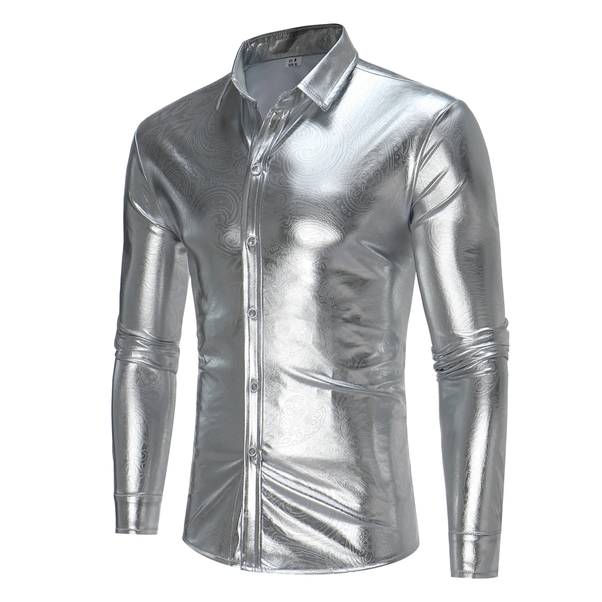 Silver Faux Leather Shirt Men 2024 Fashion Luxury Brand Long Sleeve Dress Shirts for Men Party  Nightclub Singer Stage Costume red leather jacket for men 2024 winter fashion gothic punk shinny singer club party stage dance costume men black bomber coats