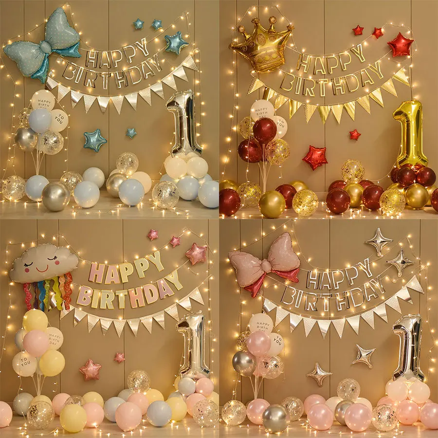 

Children's Birthday Baby 1 Year old Anniversary Party Scene Decoration Hollow Pull Flag Birthday Letter Light String Balloon Set