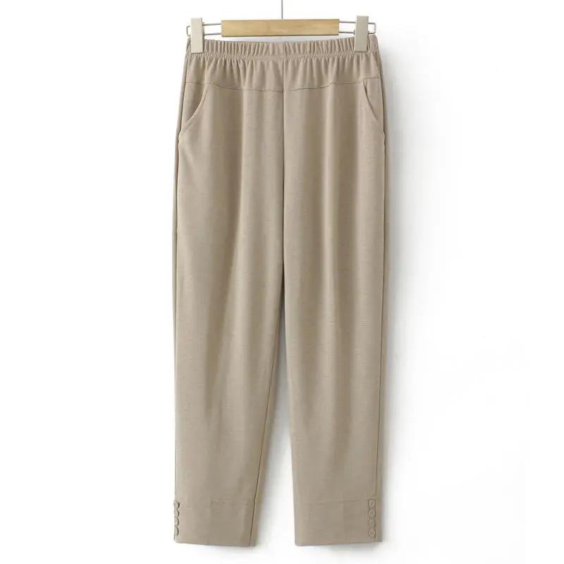 Summer New Solid Color Fashion Elastic Waist Straight Pants Women Casual Loose Elegant Thin Pockets Patchwork Ankle Length Pants