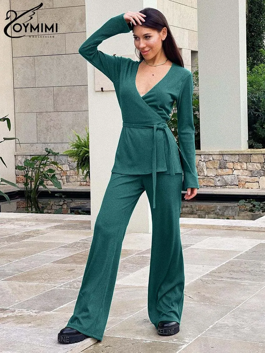 

Oymimi Elegant Green Knitting Sets For Women 2 Pieces Fashion Long Sleeve V-Neck Lace-Up Shirt And Pleated Straight Trousers Set