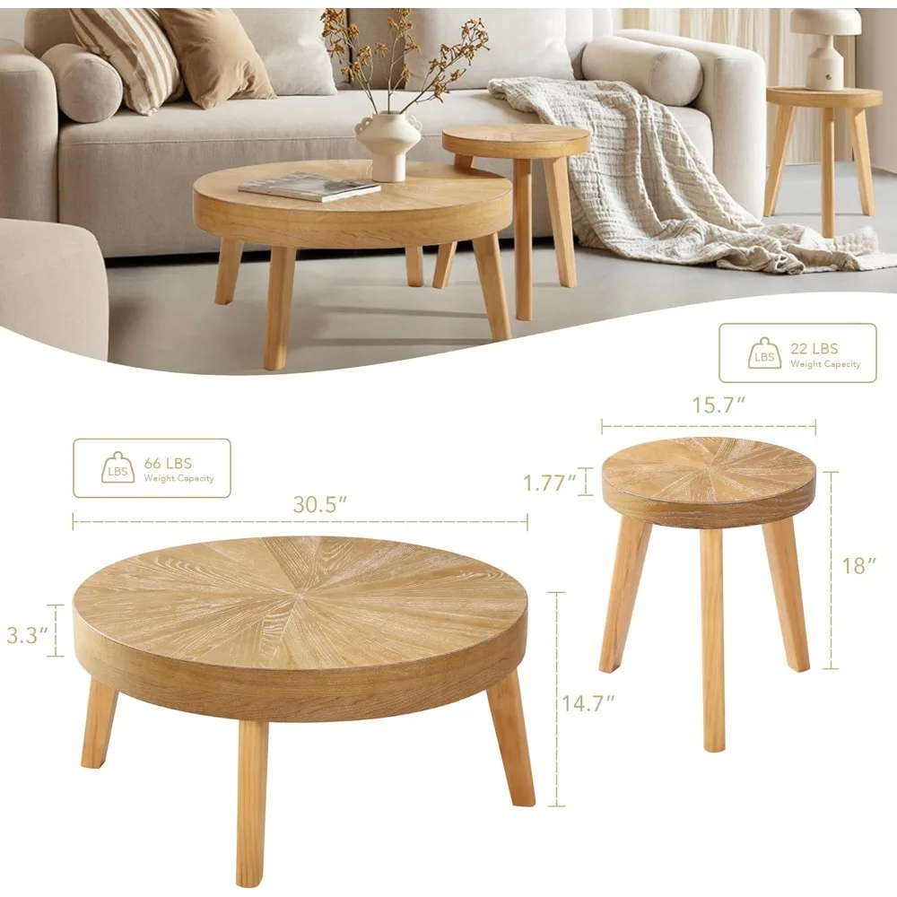 Farmhouse Round Coffee Table Set of 3, Boho Sofa Side Nesting Tables End Table Set with Wood Natural Finish for Living Room, 2