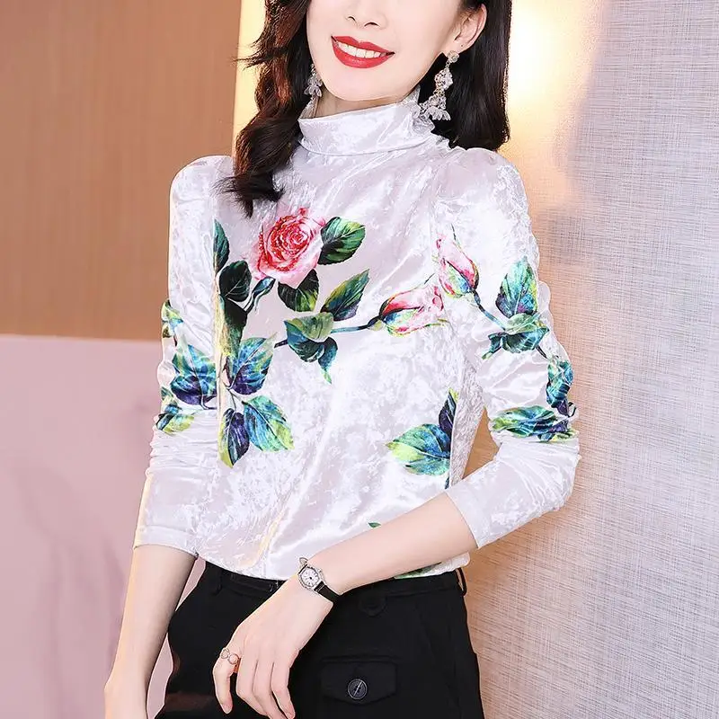 Elegant Printed Turtleneck Floral Blouses Women's Clothing 2023 Autumn New Loose Office Lady Tops All-match Shirts