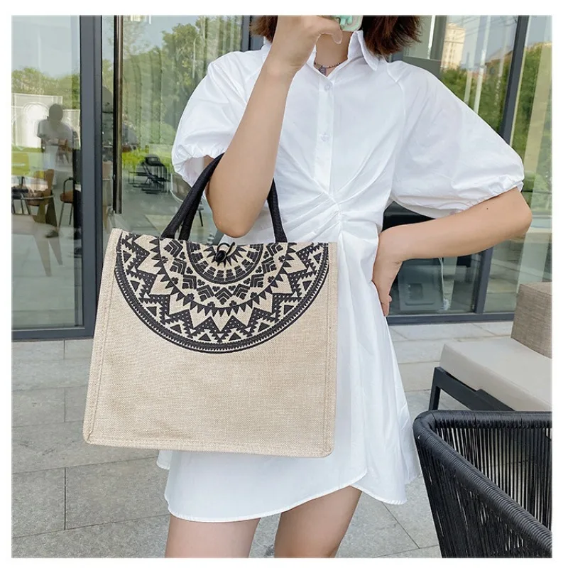 Women Handbag Top-Handle Bag Linen Casual Tote National Style Canvas Commuter Underarm Pack Large Capacity Shoulder Shopping Bag