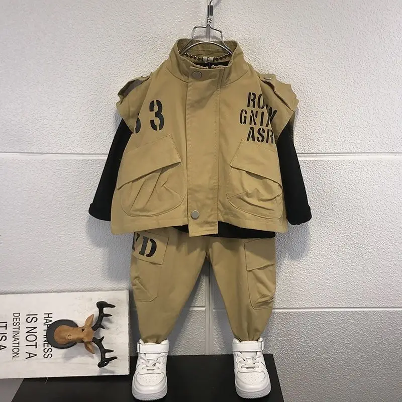 

Boys' Sets Vest Shirt Pants 3-piece Suits Spring Autumn Children's Clothing Korea Handsome Baby Letter Tops Cargo Pants Suits