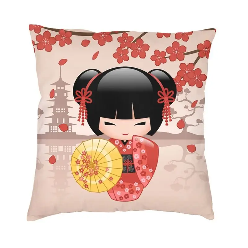 

Japanese Red Sakura Kokeshi Doll Throw Pillow Case Decoration Cute Girly Cherry Blossom Cushion Cover 45x45cm Pillowcover