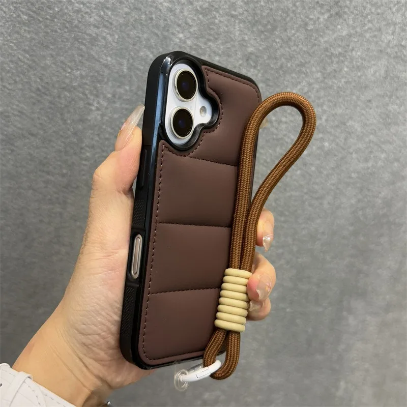 Luxurious Wrist Strap Down Jacket Phone Case with Lanyard Cover