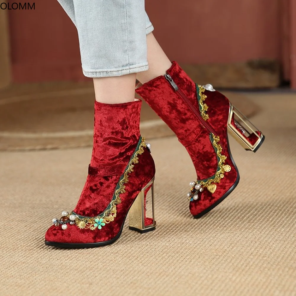 

Womens Ankle Boots Velvet Silk Flowers Beads Irregular Hollow Heel Shoes Luxury Fashion