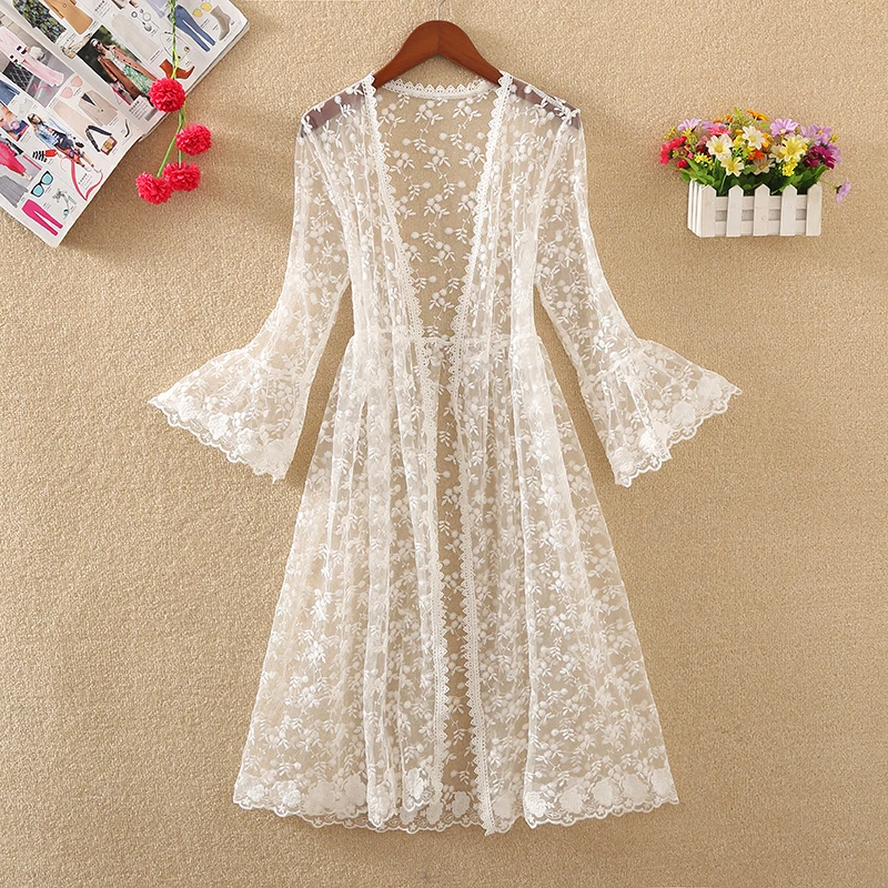 Long Cardigan Beach Cover Up 2023 Summer Blouses For Women Woman V Neck Shirt Top Lace Blusas Femininas Elegant Sunproof Outwear 2