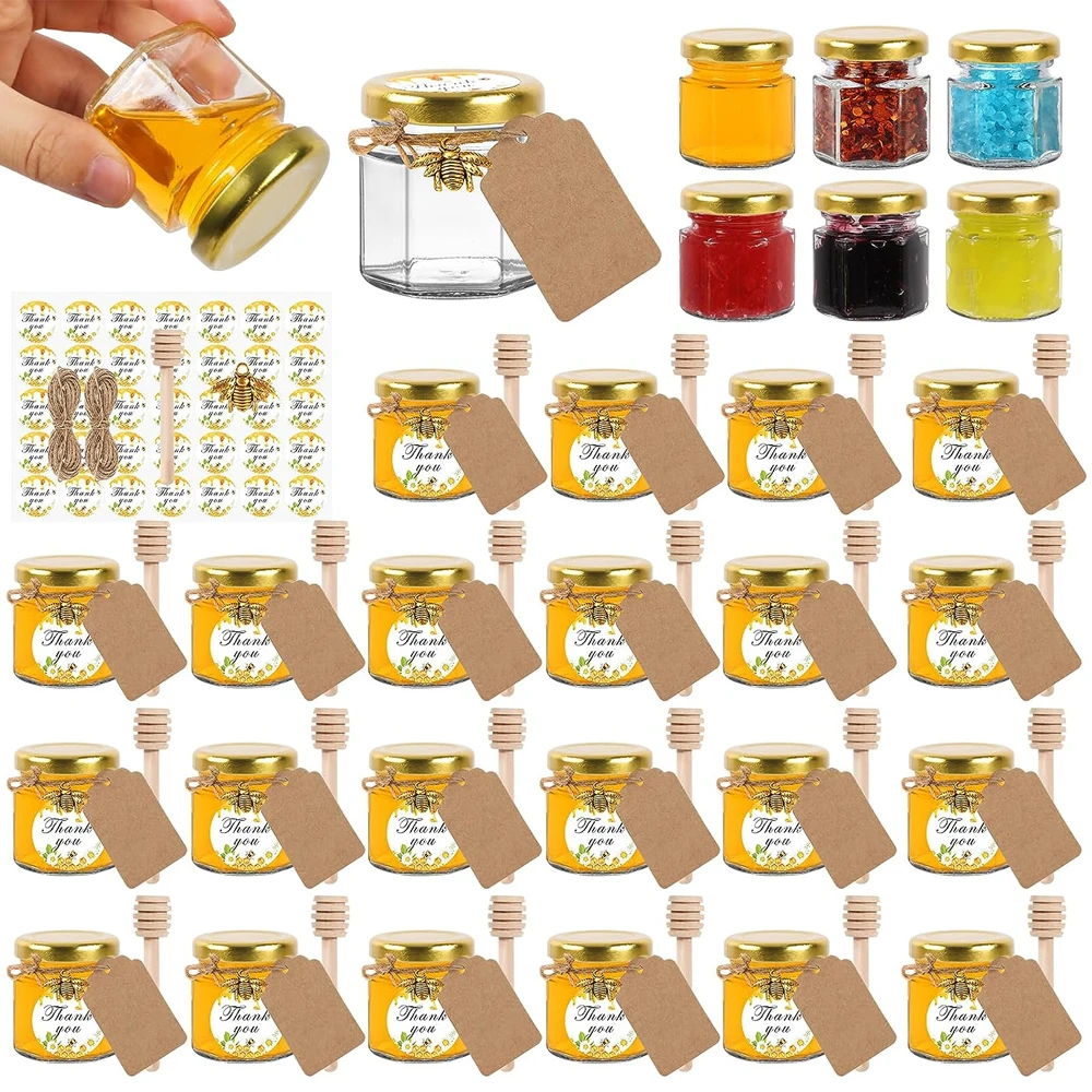 1.5 oz Hexagon Glass Mini Honey Jars with Wooden Dipper, Small Honey