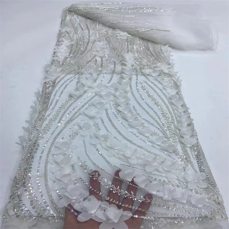 

3D Flowers In blue French Lace Fabric 2024 White High Quality Lace Net African Lace Fabric With Beads Lace Fabrics For Wedding