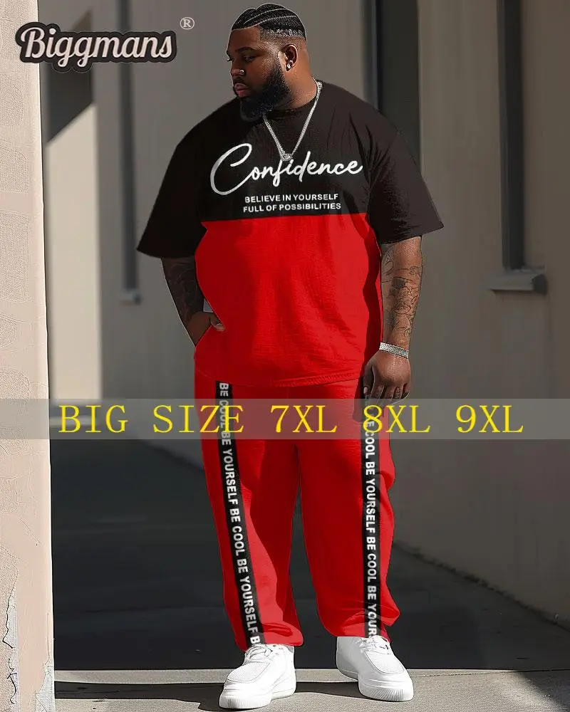 

Biggmans L-9Xl Plus Size Men's Clothing Summer Set Street Casual Colorblock Letter Print Large Short Sleeved Long Pants Man Suit