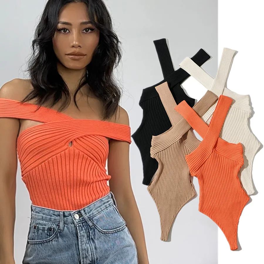 

Withered Summer England Style Fashion Vintage Overlapping Halter Pure Color Knitted Sexy Bodysuits Women Tops