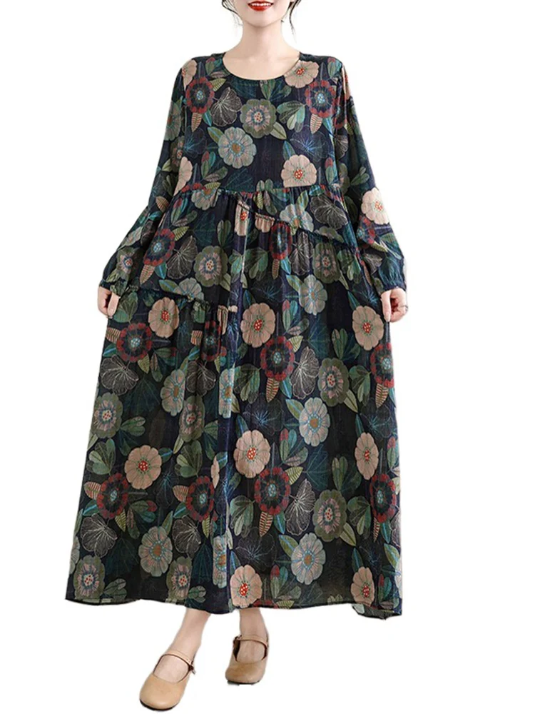 Cotton Long Sleeve Print Vintage Dresses Women 2025 Spring Autumn Casual Loose Long Dress Office Lady Vestidos Elegant Clothing