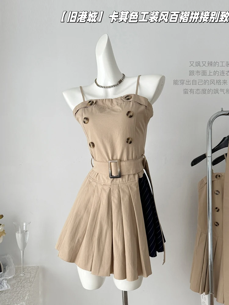 

Summer Spaghetti Strap Patchwork Pleated Dress Y2k Streetwear Women A-line Frock One-Piece Trendy Club E-girl Tunic Grunge Gyaru