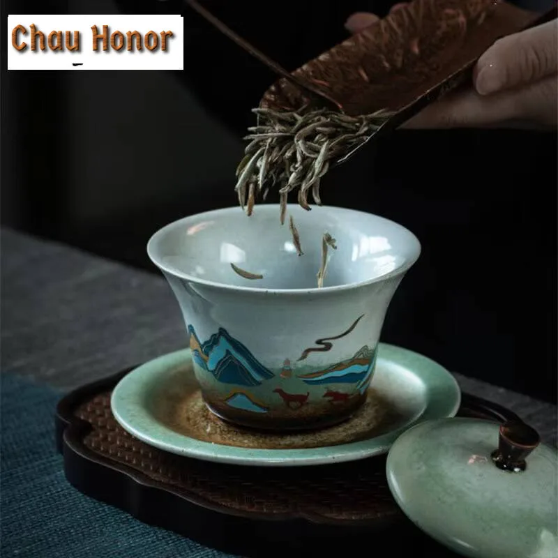 140ml Stone Celadon Glaze Mountain Gaiwan Luxury Tea Tureen Tea Bowl with Lid Kit Tea Brewing Cover Bowl Drinkware Ornaments
