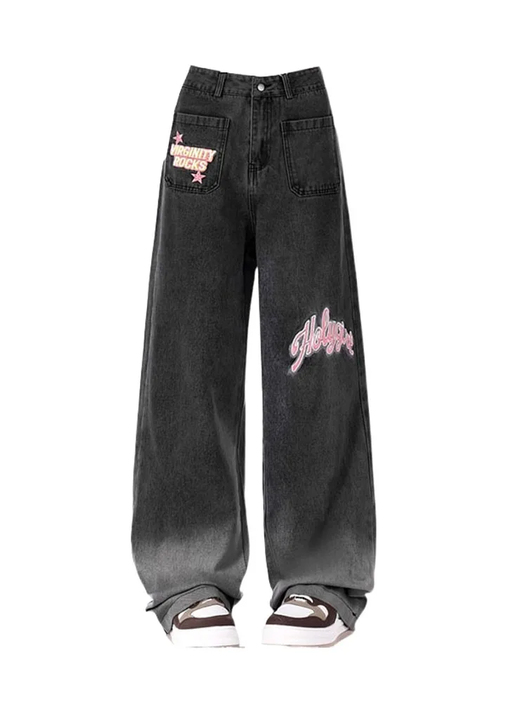 

Американские широкие брюки в стиле ретро, широкие черные мешковатые брюки в полную длину с принтом букв и высокой талией, модная уличная одежда в Корейском стиле, Y2K