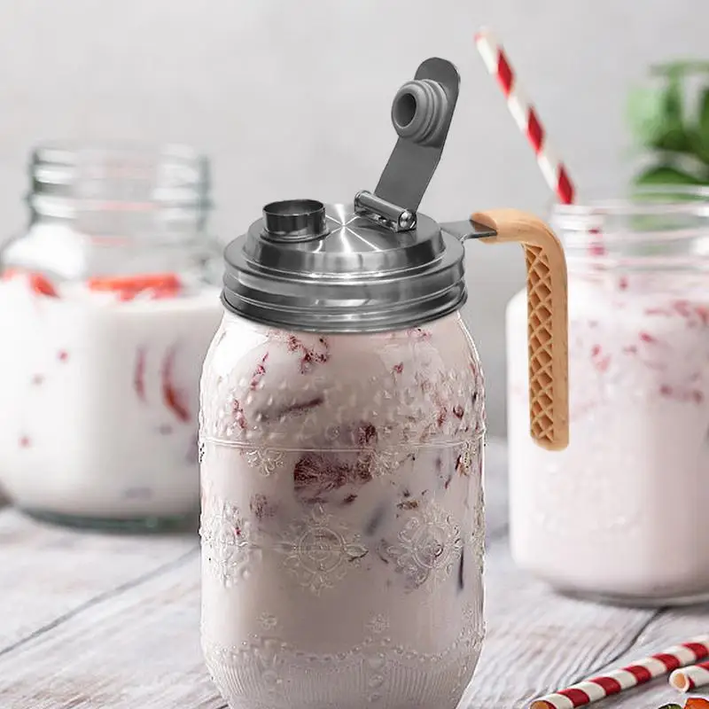 Stainless Steel Wide Mouth Mason Jar Pour Spout Lid Seal Bottle Cover Spout Lid Handle Leak Proof Kitchen Tool