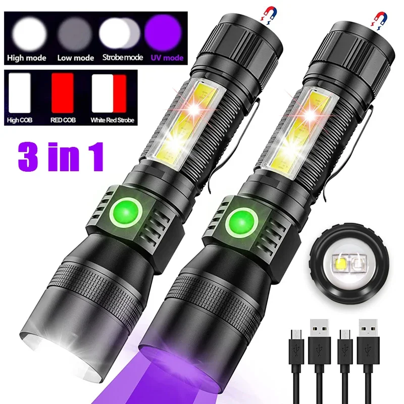 3 인 1 LED 손전등 UV 손전등, 1200 루멘 LED 라이트, 마그네틱 LED 토치, COB 사이드 라이트, 줌 가능, 캠핑용 방수 