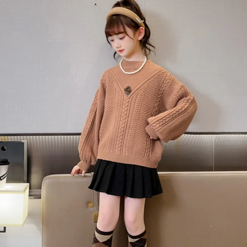 Ragazze Maglione Cappotto Di Lana Bambini Top Knitting 2023 Kaki Addensare Caldo Inverno Autunno Cottons Adolescenti Outwear Abbigliamento Per Bambini