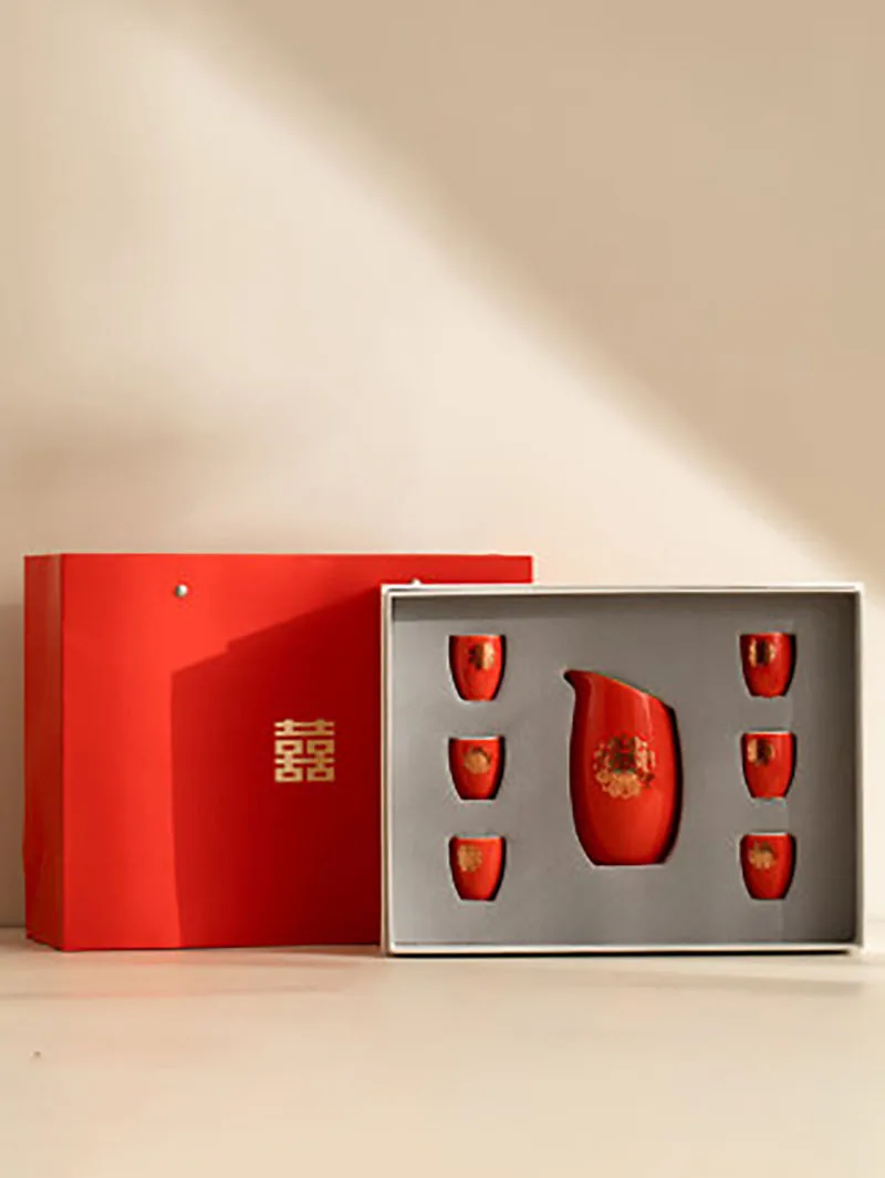Red Chinese Style Traditional Wedding Celebration Wine Set, Luxury Ceramic Gift, Cross-Cupped Wine, Bar, Hotel, Coffee Pot and C
