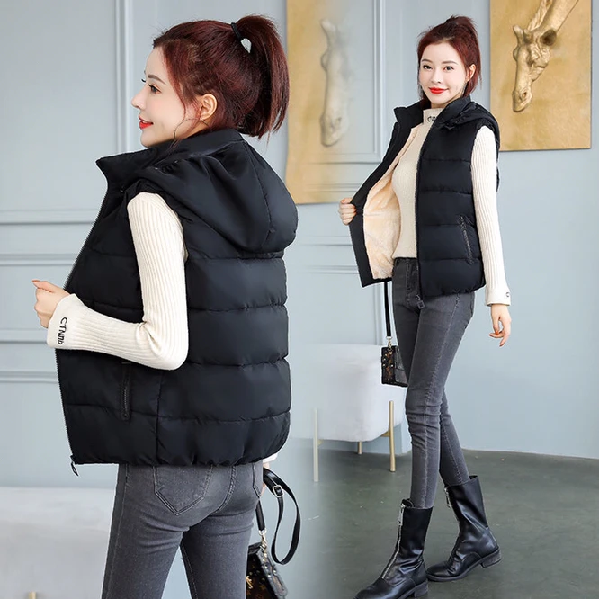 best winter jackets 2021 New Plush Women's Autumn  Winter Down Cotton Vest With Hat Zipper Girls Leisure Vest Outdoor warm coat White long puffa coat