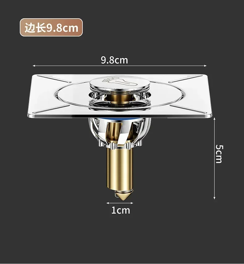 Brass Chrome Pop Up Foot Floor Drain 10*10cm Anti-odor Bath Drains Push Down Deodorization Square Matte Shower Room Plug Cover
