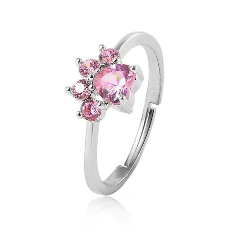 Cute Cat Claw Ring for Women Romantic Pink Crystal Adjustable Ring Wedding Engagement Jewelry Gifts