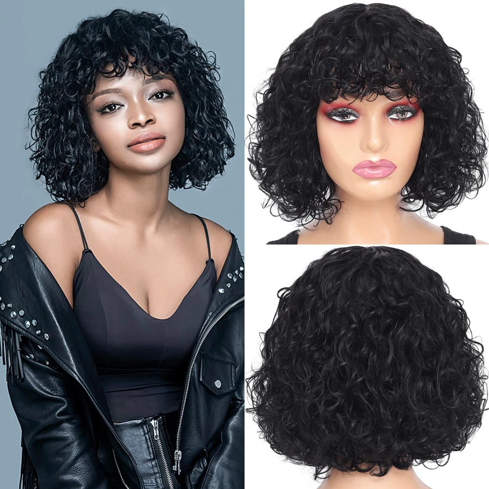 

Short Pixie Bob Cut Human Hair Wigs With Bangs Bob Water Curly Glueless Wig 10inch Water Wave Natural Colored Wigs For Women