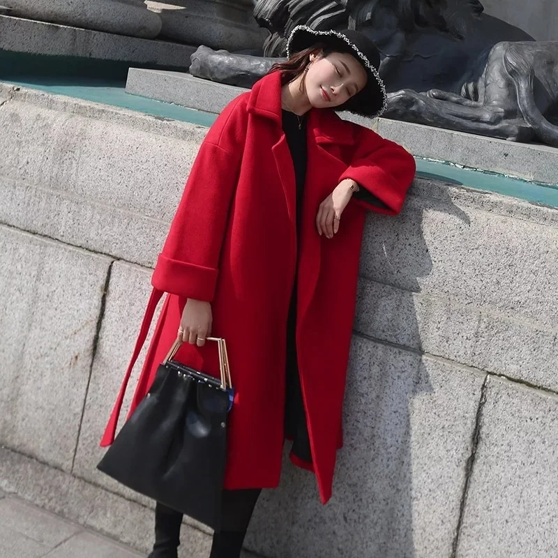 

2023 Autumn And Winter New Korean Version Fashion And Temperament Slim Fit Versatile Lace Up Mid Length Woolen Coat For Women
