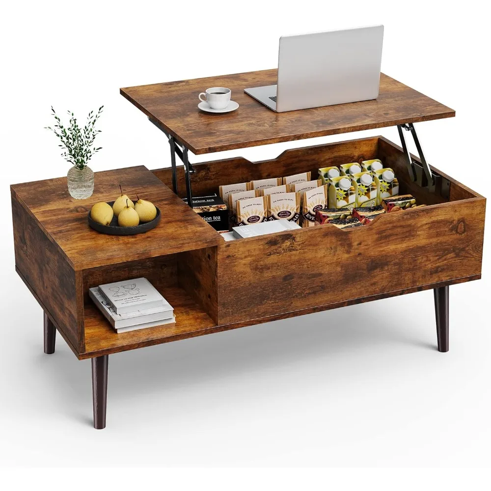 Lift Top Coffee Table for Living Room, Small Rising Wooden Dining Center Table with Storage Shelf, Café Tables 2
