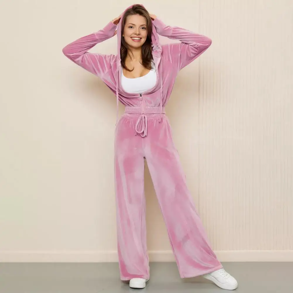 Womens Sweatsuit Set 2 Piece Velour Tracksuit Soft Velvet Hoodies Outfits Athletic Zip Up Jacket And Wide Leg Pants
