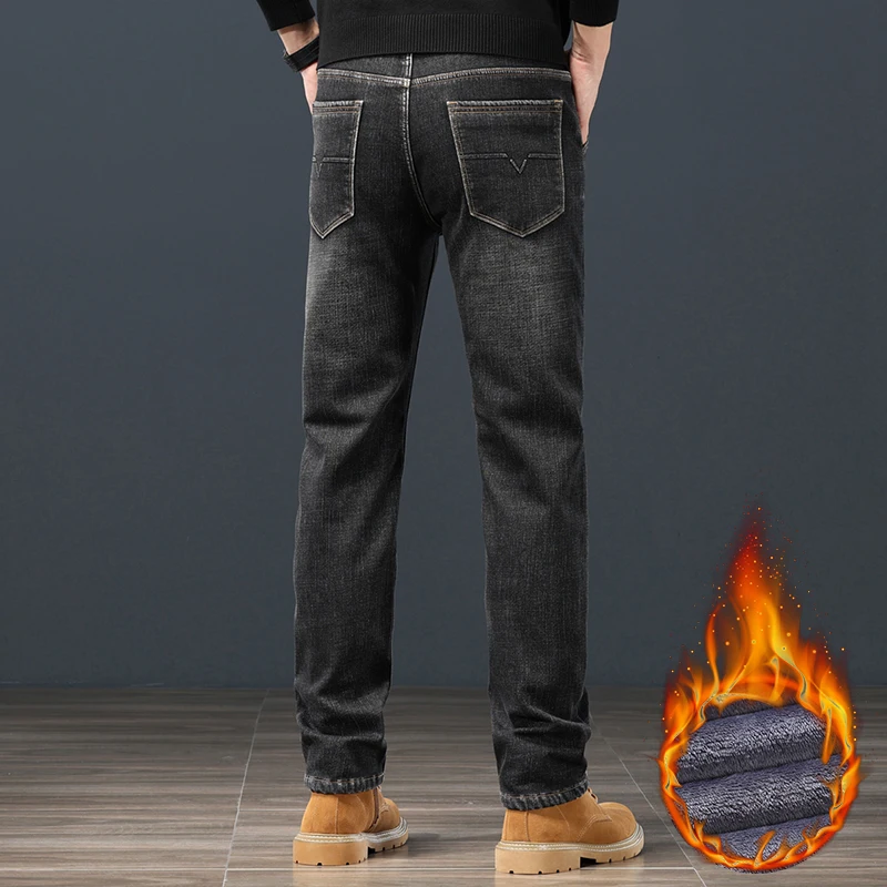 2024 Winter Warm Jeans Men's Fleece Thickened Slim Straight Trousers Fashion Stretch Cotton Casual Denim Pants Brand Clothes 6