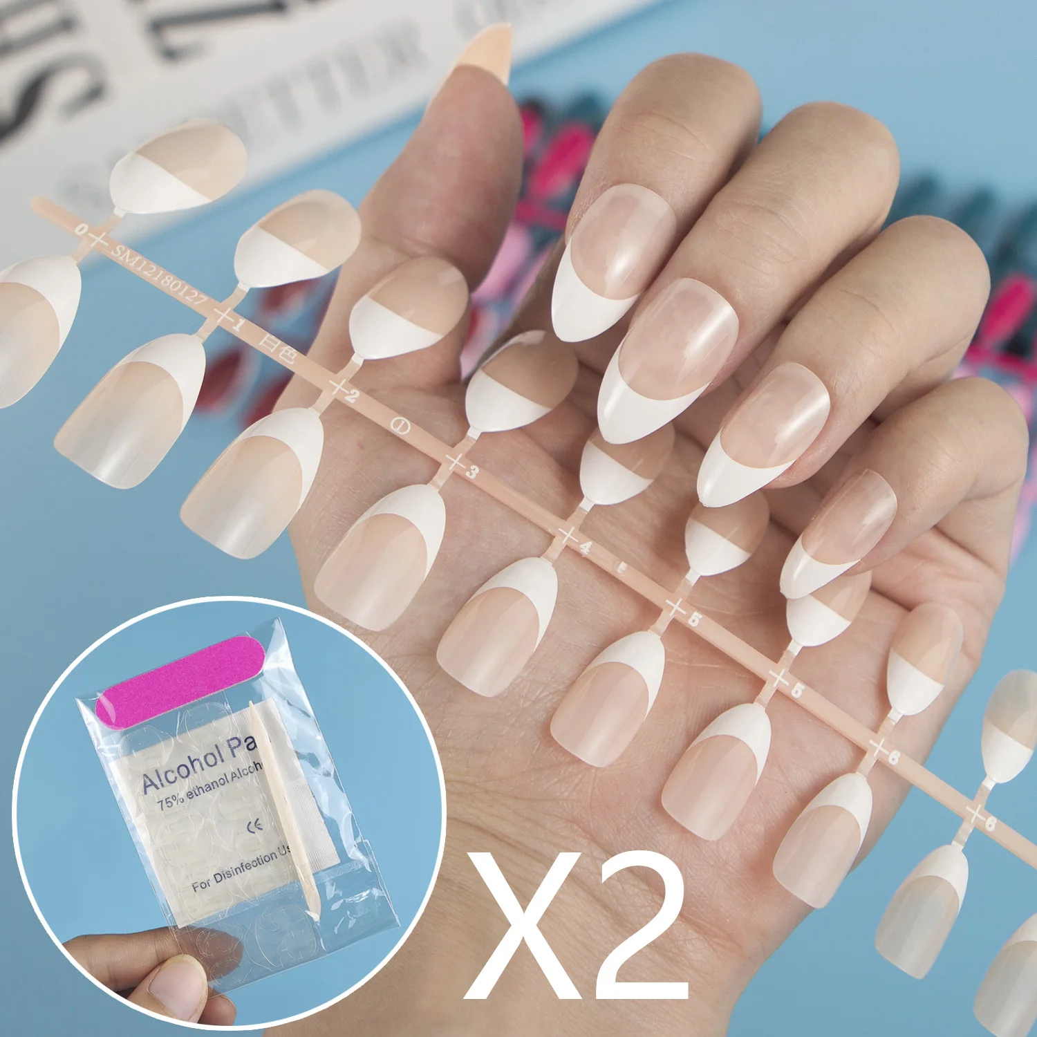 

2 Sets Stiletto Almond Shape Press on False French Style Nail Tips 24pcs/set with Transparent Nail Adhesive Acrylic Nails