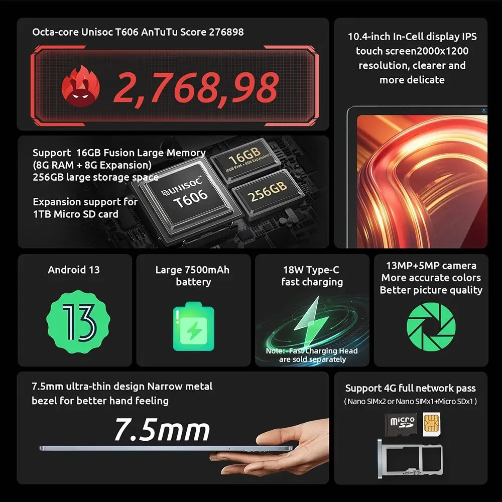 BMAX MaxPad I11 Plus 16GB RAM 256GB ROM 10.4 Inch Octa Core T606 Soc Android 13 Dual Wifi 4G Lte Phone Tablet Camera Bluetooth 3